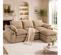 Canapé modulaire en velours - 3 places avec pouf - Velours côtelé khaki - Dimensions 263x167x85 cm