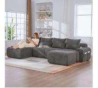 Canapé modulaire en velours côtelé - 4 places - 2 poufs - Gris foncé - 333x174x80 cm - Porte-gobelet intégré