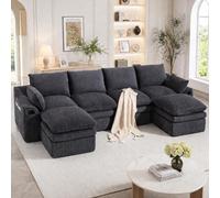 Canapé modulaire gris foncé, modèle 4 places, avec possibilité de combinaison, comprenant 2 repose-pieds, des coussins et des poches latérales, dimensions : 335 x 167 x 85 cm