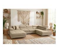 Canapé panoramique 6 places FLAVIO convertible avec 2 coffres en tissu - Beige