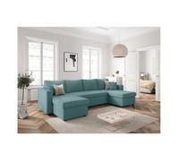 Canapé panoramique 6 places MARIA convertible avec 2 coffres en velours côtelé - Bleu clair - L295 x P146 x H81cm - LOUNGITUDE