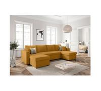 Canapé panoramique 6 places MARIA convertible avec 2 coffres en velours côtelé - Jaune - L295 x P146 x H81cm - LOUNGITUDE