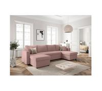 Canapé panoramique 6 places MARIA convertible avec 2 coffres en velours côtelé - Rose - L295 x P146 x H81cm - LOUNGITUDE