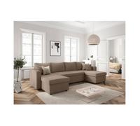 Canapé panoramique 6 places MARIA convertible avec 2 coffres en velours côtelé - Taupe - L295 x P146 x H81cm - LOUNGITUDE
