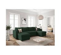 Canapé panoramique 6 places MARIA convertible avec 2 coffres en velours côtelé - Vert foncé - L295 x P146 x H81cm - LOUNGITUDE