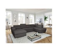 Canapé panoramique 6 places PAOLA convertible avec 2 coffres en velours côtelé - Gris - L320,5 x P188 x H76cm - LOUNGITUDE
