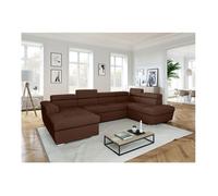 Canapé panoramique 6 places PAOLA convertible avec 2 coffres en velours côtelé - Marron - L320,5 x P188 x H76cm - LOUNGITUDE
