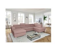 Canapé panoramique 6 places PAOLA convertible avec 2 coffres en velours côtelé - Rose - L320,5 x P188 x H76cm - LOUNGITUDE