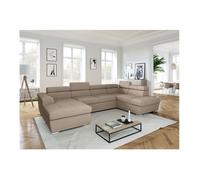 Canapé panoramique 6 places PAOLA convertible avec 2 coffres en velours côtelé - Taupe - L320,5 x P188 x H76cm - LOUNGITUDE
