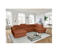 Canapé panoramique 6 places PAOLA convertible avec 2 coffres en velours côtelé - Terracotta - L320,5 x P188 x H76cm - LOUNGITUDE