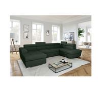 Canapé panoramique 6 places PAOLA convertible avec 2 coffres en velours côtelé - Vert foncé - L320,5 x P188 x H76cm - LOUNGITUDE