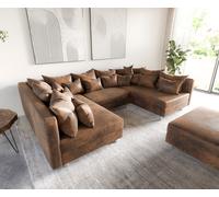 Canapé-Panoramique Clovis Marron look Vintage modulable avec Tabouret