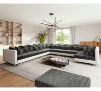 Canapé panoramique Clovis XXL Blanc Noir avec tabouret Pouf gauche