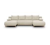 Canapé panoramique convertible - 6 places - MIKA - Velours côtelé Beige - Coffre de rangement - 313 x 84 x 145 cm