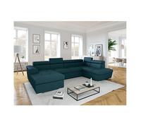 Canapé panoramique convertible avec 2 coffres PAOLA en tissu - Bleu - L320,5 x P188 x H76cm - LOUNGITUDE
