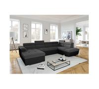 Canapé panoramique convertible avec 2 coffres PAOLA en tissu et simili - Gris/Noir - L320,5 x P188 x H76cm - LOUNGITUDE