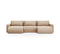 Canapé panoramique convertible avec coffre de rangement "Belfast" 4 places en velours beige amande