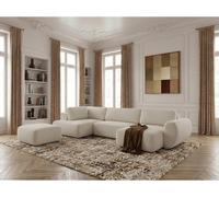 Canapé panoramique convertible coffre DENISE tissu texturé avec pouf blanc angle droit BOBOCHIC 6 places Angle droit Blanc