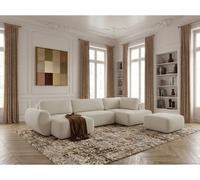Canapé panoramique convertible coffre DENISE tissu texturé avec pouf blanc angle gauche BOBOCHIC 6 places Angle gauche Blanc