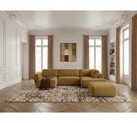Canapé panoramique convertible coffre DENISE tissu texturé avec pouf jaune angle gauche BOBOCHIC 6 places Angle gauche Jaune