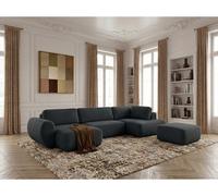 Canapé panoramique convertible coffre DENISE tissu texturé avec pouf noir angle gauche BOBOCHIC 6 places Angle gauche Noir