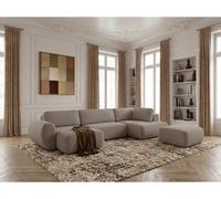 Canapé panoramique convertible coffre DENISE tissu texturé avec pouf taupe angle gauche BOBOCHIC 6 places Angle gauche Taupe
