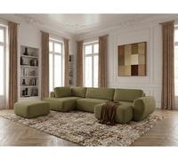 Canapé panoramique convertible coffre DENISE tissu texturé avec pouf vert angle droit BOBOCHIC 6 places Angle droit Vert