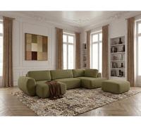 Canapé panoramique convertible coffre DENISE tissu texturé avec pouf vert angle gauche BOBOCHIC 6 places Angle gauche Vert