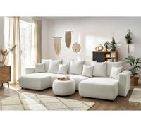 Canapé panoramique convertible coffre ENVY tissu bouclette avec pouf rond blanc panoramique BOBOCHIC 6 places Panoramique Blanc