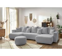 Canapé panoramique convertible coffre ENVY tissu bouclette avec pouf rond gris clair panoramique BOBOCHIC 6 places Panoramique Gris clair