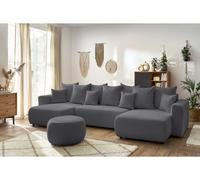 Canapé panoramique convertible coffre ENVY tissu bouclette avec pouf rond gris foncé panoramique BOBOCHIC 6 places Panoramique Gris foncé