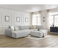 Canapé panoramique convertible coffre LUCIEN gros côtelé doux avec pouf gris clair angle gauche BOBOCHIC 6 places Angle gauche Gris clair