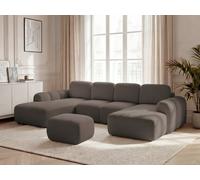 Canapé panoramique convertible coffre MONTAIGNE tissu bouclette avec pouf marron angle droit BOBOCHIC 5 places Angle droit Marron