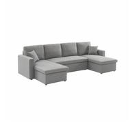 Canapé panoramique convertible en tissu gris clair. 4 places. coffre rangement. lit modulable