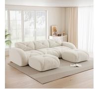 Canapé Panoramique en U 3 Places Modulable avec 2 Poufs - TCQPZ - Sans Cadre Mousse 32D Chenille Blanc