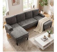 Canapé Panoramique en U - COSTWAY - Canapé d'Angle - 5/6 Places, 2 Chaise Longue Fixe en Tissu Chenille avec 4 Coussins Gris