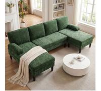 Canapé Panoramique en U - COSTWAY - Canapé d'Angle - 5/6 Places, 2 Chaise Longue Fixe en Tissu Chenille avec 4 Coussins Vert