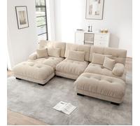 Canapé panoramique en U modulable convertible assise profonde - ELVMI - ottomans mobiles, chenille vintage beige clair