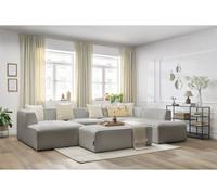 Canapé panoramique fixe MEGEVE avec pouf tissu bouclette gris clair angle gauche BOBOCHIC 6 places Angle gauche Gris clair