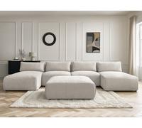 Canapé panoramique fixe modulable avec têtières JANA tissu texturé avec 2 méridiennes, 2 chauffeuses et 1 beige BOBOCHIC 5 places Beige