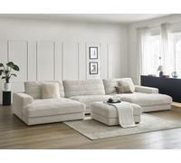 Canapé panoramique fixe SIERRA tissu texturé avec pouf beige BOBOCHIC 5 places Beige