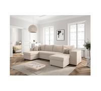 Canapé panoramique OSLO convertible avec 2 coffres, 2 poufs à droite en velours côtelé beige - L311 x P146 x H81cm - LOUNGITUDE