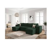 Canapé panoramique OSLO convertible avec 2 coffres, 2 poufs à droite en velours côtelé vert foncé - L311 x P146 x H81cm - LOUNGITUDE