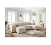 Canapé panoramique OSLO convertible avec 2 coffres, 2 poufs à gauche en velours côtelé beige - L311 x P146 x H81cm - LOUNGITUDE
