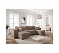 Canapé panoramique OSLO convertible avec 2 coffres, 2 poufs à gauche en velours côtelé taupe - L311 x P146 x H81cm - LOUNGITUDE
