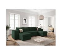 Canapé panoramique OSLO convertible avec 2 coffres, 2 poufs à gauche en velours côtelé vert foncé - L311 x P146 x H81cm - LOUNGITUDE