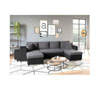 Canapé panoramique OSLO convertible avec coffres, poufs à droite - Simili/Microfibre - Noir/Gris - L311 x P146 x H81cm - LOUNGITUDE