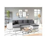 Canapé panoramique OSLO convertible avec coffres, poufs à gauche - Simili/Microfibre - Blanc/Gris - L311 x P146 x H81cm - LOUNGITUDE