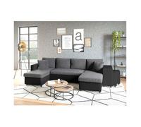 Canapé panoramique OSLO convertible avec coffres, poufs à gauche - Simili/Microfibre - Noir/Gris - L311 x P146 x H81cm - LOUNGITUDE