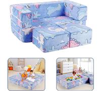 Canapé pour enfants Dinosaure de bande dessinée - Canapé de jeu modulaire 3 en 1 - Déployable en lounge/canapé-lit - Sherpa doux - S'illumine dans le noir - 143x45x70 cm - Bleu